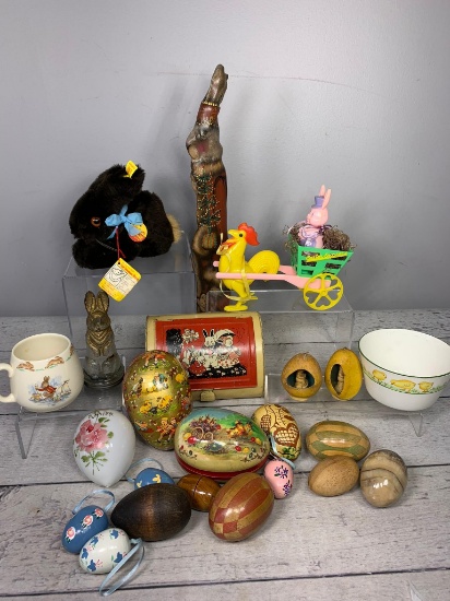 Group of Vintage Easter Decorations: Lithograph Tin Candy Box, Western Germany Candy Box Eggs & More