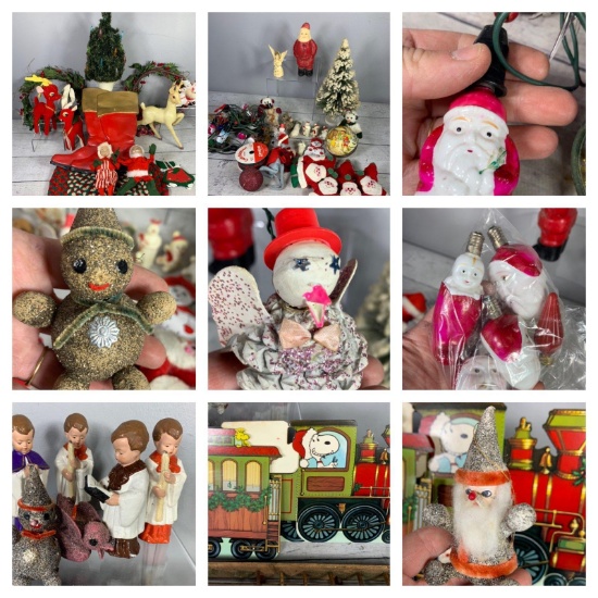 Group of Vintage Christmas Decorations: Santa String Lights, Lighted Tree, Glitter Santa Ornaments