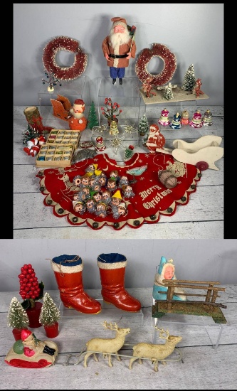 Group of Vintage Christmas Decorations: Glass Ornaments, Elf Headlight Covers, Santa Candy Holders