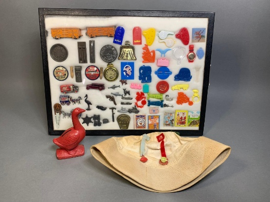 Antique and Vintage Cracker Jack Toys, Red Goose Shoes Advertising Bank, and Sailor's Hat