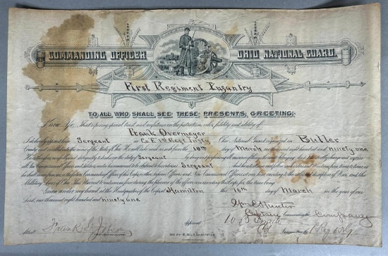 Indian Wars Era 1891 1st Ohio National Guard NCO Promotion Certificate