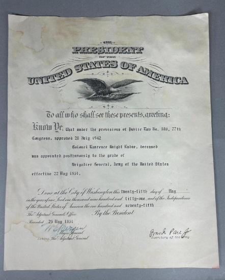 Korean War Colonel Laurence K. Ladue Posthumous Certificate of Promotion to Brigadier General