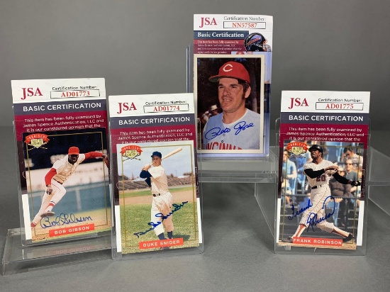 Pete Rose, Duke Snider, Bob Gibson, F. Robertson, signed baseball cards, all JSA