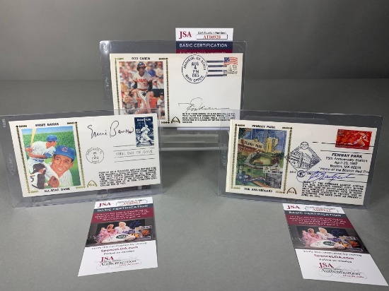 Carl Yastrzemski, Ernie Banks, Rod Carew, all 3 dated & signed postcards, all JSA
