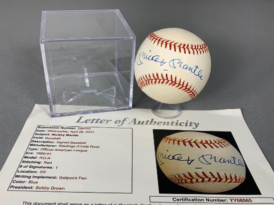 Mickey Mantle single signed MLB baseball, full letter JSA
