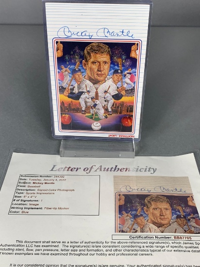 Mickey Mantle signed 4X6 Art Card, full JSA letter