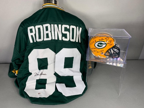 Dave Robinson Green Bay Packers stat signed mini helmet & a signed Packers jersey, PSA/JSA