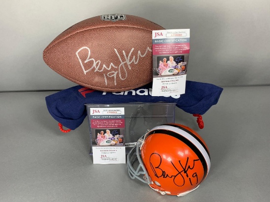 Bernie Kosar signed football & Browns mini helmet both JSA