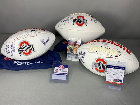 Ohio State white panel footballs: Eddie George,JT Barrett, Troy Smith, Inscriptions on all 3
