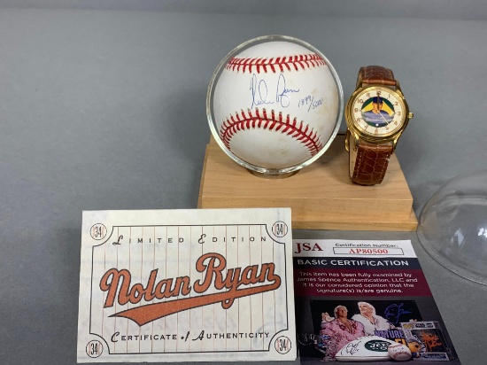 Nolan Ryan signed stat baseball, JSA & a special watch display