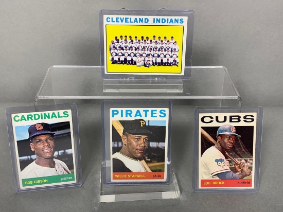 1964 Topps cards: Stargill, Gibson, Brock, Indian Team Card