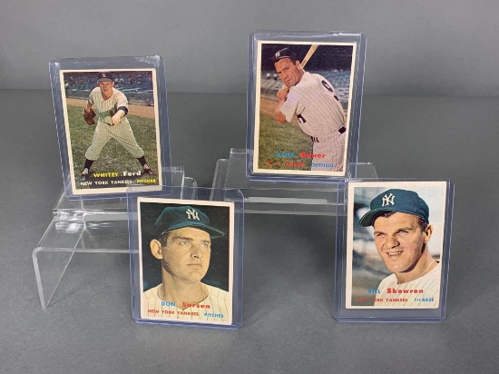 1957 Topps New York Yankees baseball cards: Whitey Ford, Hank Bauer, Don Larsen, Skowron