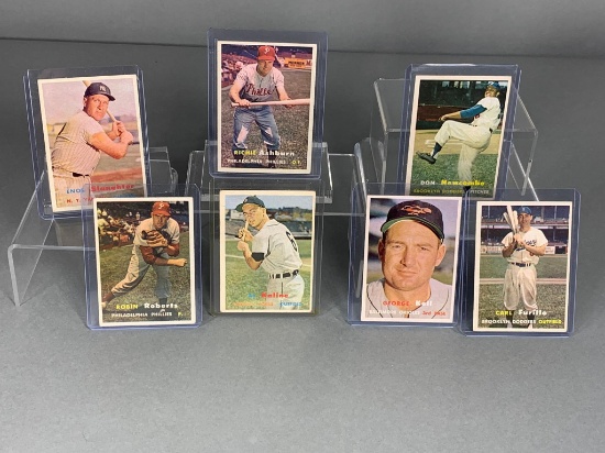 1957 Topps baseball cards: Al Kaline, Slaughter, Roberts, Newcombe, Ashburn, Kell, Furillo