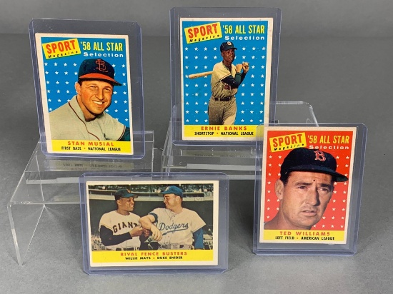 1958 Topps baseball cards: Musial, Williams, Banks, Mays/Snider,