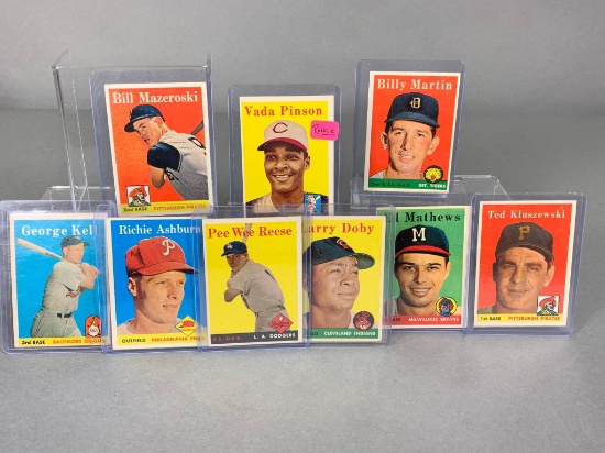 1958 Topps baseball cards: Pee Wee Reese, Mathews, Doby, Kell, Maz, Martin, Ted K., Pinson