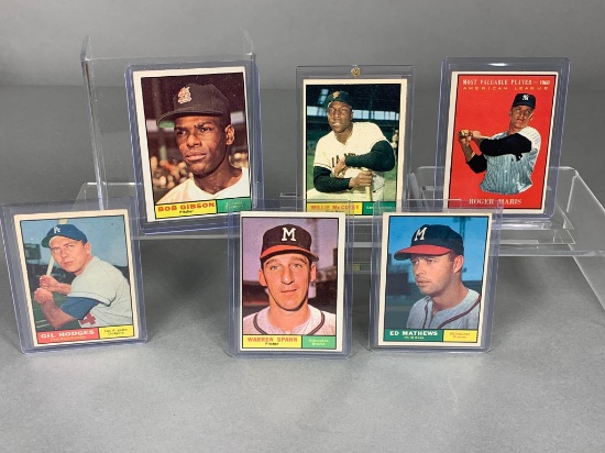 1961 Topps baseball cards: Maris, Mathews, Spahn, McCovey, Gibson, Hodges