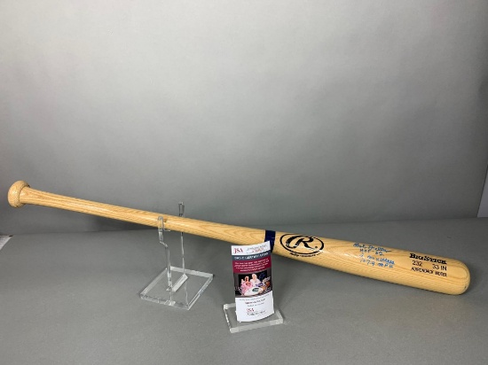 Bob Feller signed Rawlings bat w/ 3 stats, JSA