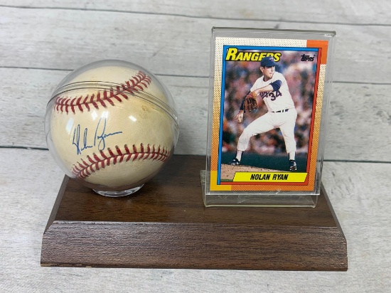 Nolan Ryan Autographed Baseball With 1990 Topps Card #1