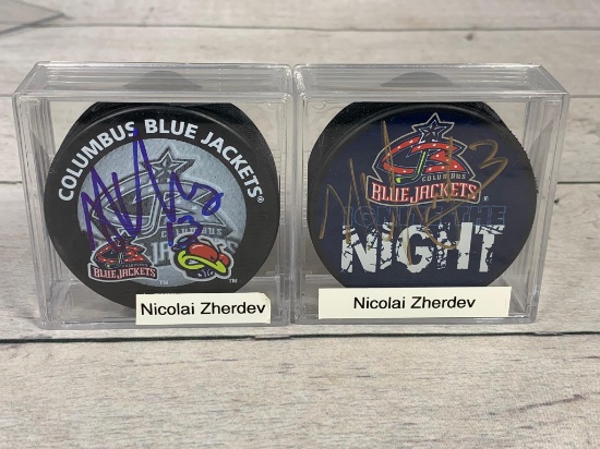 Two Nikolai Zherdev Autographed Columbus Blue Jackets Hockey Pucks