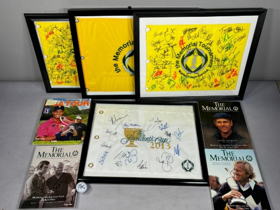 Multiple Autographs of PGA Players on Muirfield Flags, President's Cup Flag, PGA Tour Magazine More