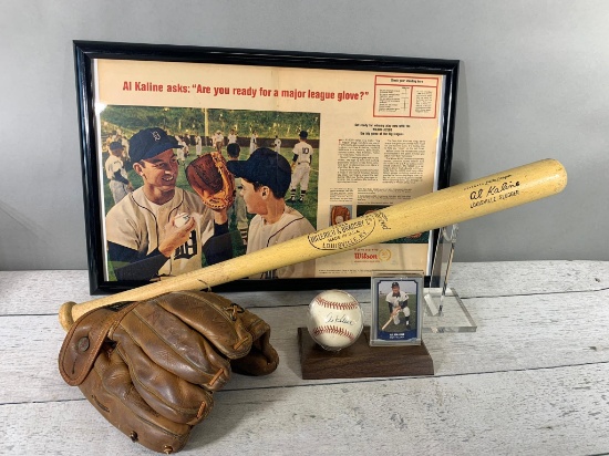 Al Kaline Collectibles: Autographed Baseball, Glove, Bat, and Advertisement