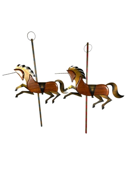 Pair of 1960s Musketeer Unicorn Carousel Horses Wall Decor w/Original Poles - Rare