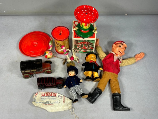 Vintage Wind Up Tin Toys, Charlie McArthur Doll and Other Vintage Dolls, And Bob Evans Sausage Sack