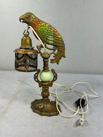 Antique Art Deco Polychrome Painted Cast Metal Parrot Lamp