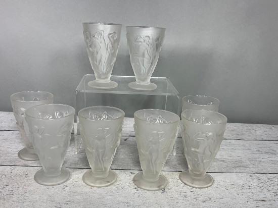 Group of Eight 1920's Art Deco Consolidated Martele Frosted Satin Glass Goblets