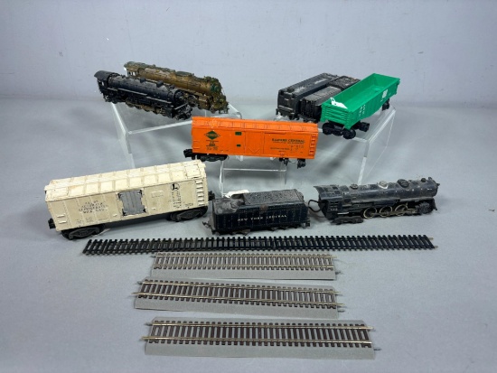 Three Early Model Railroad Locomotives Plus cars, track