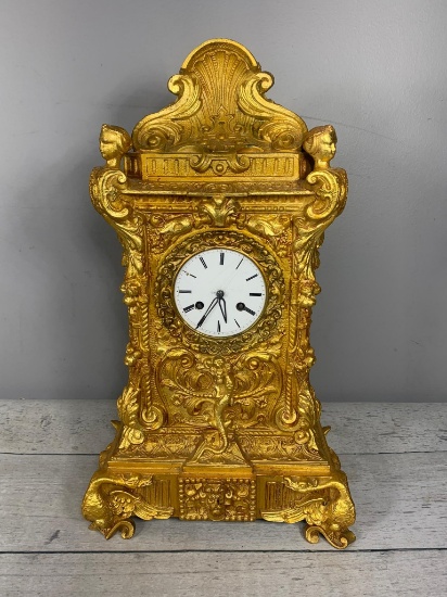 Gilt Cast Iron, Porcelain Face European Clock
