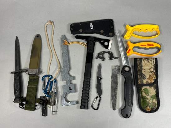 Military M8A1 Military Bayonet, SOG hatchet, Survival Saw, tools and more