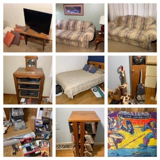 Living Room & Bedrooms Contents Lot - Sofas, Electronics, Full Size Bed