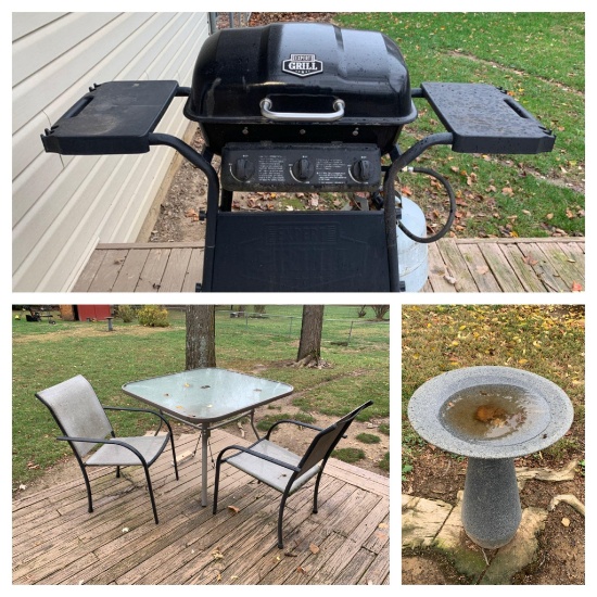 Gas Grill, Composite Bird Bath and Patio Table with Two Chairs