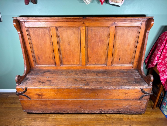 18th Century Rustic Pine Hall Bench Huge Forged Iron Trim Pieces