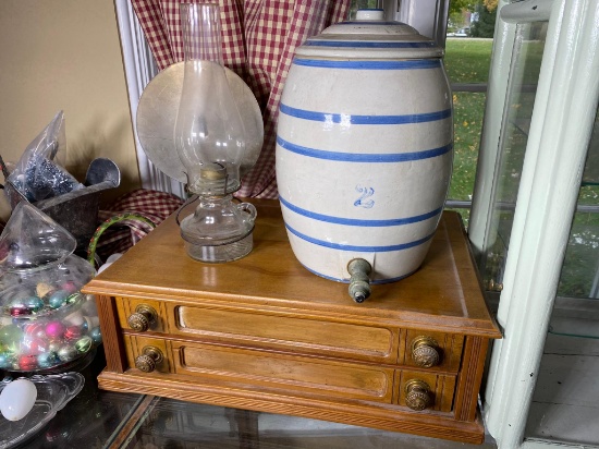 Spool cabinet, stoneware water cooler, vintage lantern