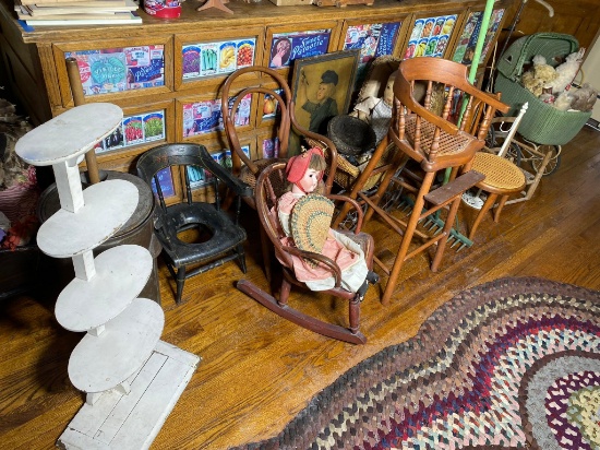 Group Lot Misc. Doll furniture, shelves, dolls, baby carriage etc