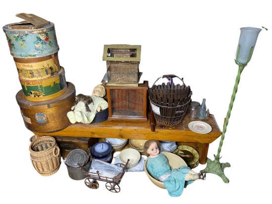 Large Lot assorted Antiques, Primitives, Ceramics, Dolls etc