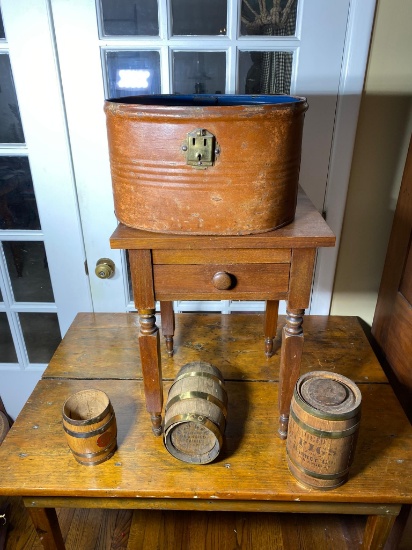1933 Century of Progress barrel, Spice Kegs, One Drawer Stand, Copper boiler.