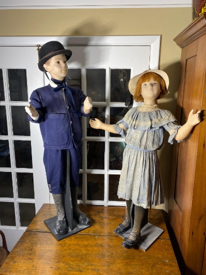 Two Large Sized Plaster Store Display Children w/Clothes