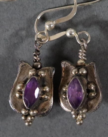 Pair Unusual Sterling Silver & Amethyst Earrings