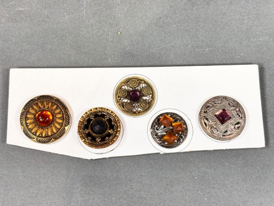 Set of Five Decorative Antique Metal Buttons with Glass Accents Gay 90s
