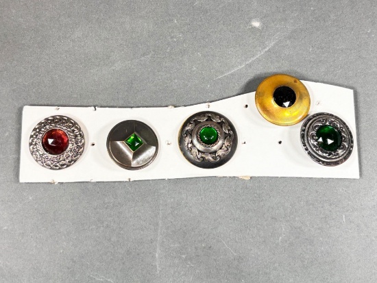Set of Five Antique Gay 90s Jewel Metal Buttons with Colored Glass Insets Gay 90s