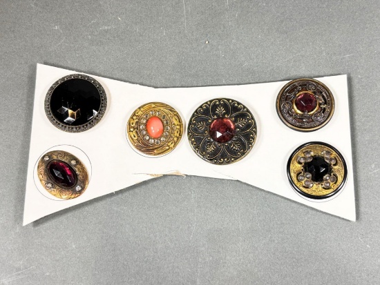 Collection of 6 Antique Decorative Jewel Gay 90s Metal Buttons with Glass Stones