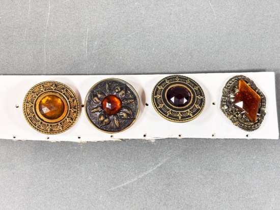 Four Antique Metal Buttons with Faceted Glass Insets Gay 90s Jewel