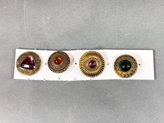 Set of Four Brass Buttons with Faceted Glass Inserts Gay 90s Jewels
