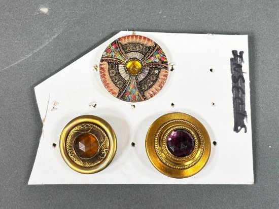 Set of Three Antique Decorative Metal and Glass Buttons Gay 90s Jeweled