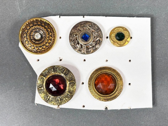 Set of Five Antique Brass and Metal Buttons with Faceted Glass Stones