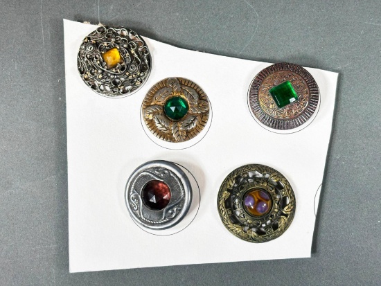 Set of 5 Antique Decorative Buttons with Glass Accents Gay 90s Jeweled