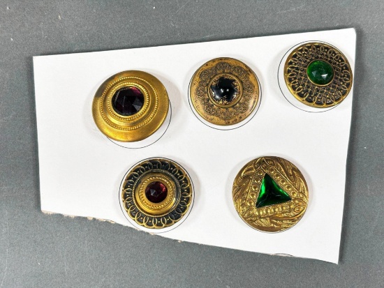 Set of Five Antique Brass Buttons with Faceted Glass Inserts Gay 90s Jeweled